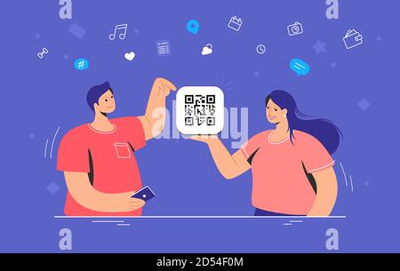 QR code scanning by smartphone. Concept vector illustration of smiling teenage friends holding a card with qr-coge Stock Vector