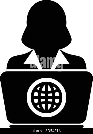 Stock market icon vector person with laptop computer female user person profile avatar globe symbol for working online in a flat color glyph pictogram Stock Vector