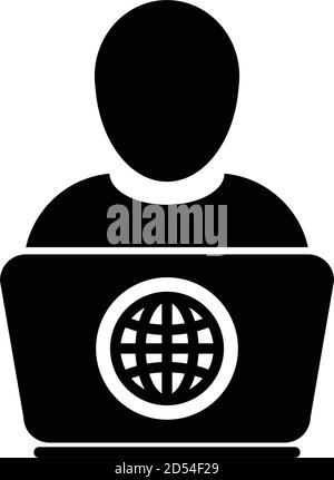 Service icon vector person with laptop computer male user person profile avatar globe symbol for working online in a flat color glyph pictogram illust Stock Vector