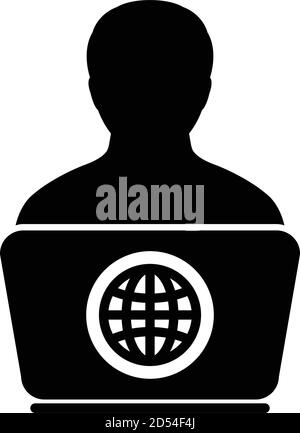 Network icon vector person with laptop computer male user person profile avatar globe symbol for working online from home in a flat color glyph Stock Vector