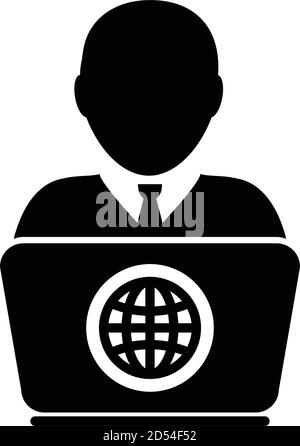 Student icon vector person with laptop computer for online education male user person profile avatar globe symbol in a flat color glyph pictogram Stock Vector