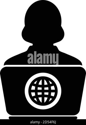 Trade icon vector person with laptop computer female user person profile avatar globe symbol for working online in a flat color glyph pictogram Stock Vector