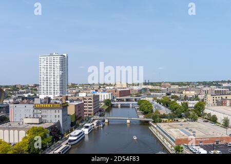 Milwaukee, WI: 23 September 2020:  An image of the Riverwalk facing opposite from downtown Milwaukee Stock Photo