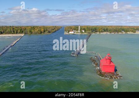 A drone image of a lighthouse in Sturgeon Bay Door County Wisconsin during fall and autumn colors. Stock Photo