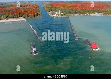 A drone image of a lighthouse in Sturgeon Bay Door County Wisconsin during fall and autumn colors. Stock Photo