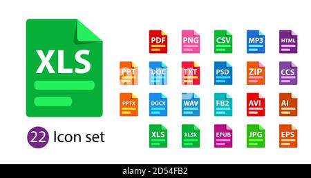 Collection of vector icons. File format extensions icons. PDF, DOC, JPG, PSD, MP3, TXT DOC DOCx ZIP PPT XLS Stock Vector