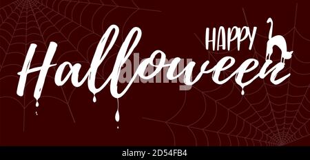 Lettering Happy Halloween with grunge decoration. Abstract orange Halloween background with big Moon, black spiders, cobwebs and flying bats