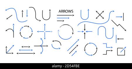 Big Set Arrows and directions signs. thin line and arrow. Vector black and blue isolated on white background. Easily edit the thickness of lines. Stock Vector