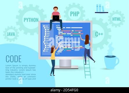 Team writes code programming for a game, app or website. Concept for web page, banner, social media. Vector illustration on blue background. programming language. Stock Vector