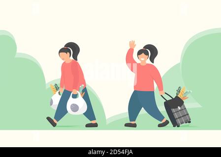 Sad woman with heavy plastic bags. Happy woman with carry on bag with wheels.  Stock Vector