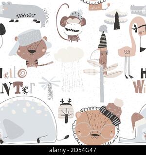 Seamless pattern with cartoon wild animals meeting winter in jungle Stock Vector