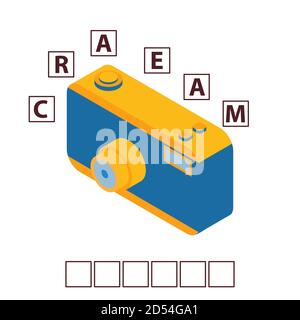 Game words puzzle isometric photo toy camera . Education developing child. Stock Vector