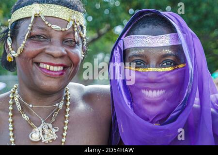 Miami Florida,Homestead Miami Carnival,Caribbean Mardi Gras masqueraders festival,costume costumes outfit outfits,handmade mask Black African woman fe Stock Photo