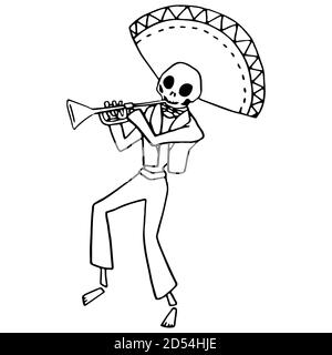 Skeleton trumpet player on white isolated backdrop. Day of the dead symbol for invitation or gift card, notebook, bath tile, scrapbook Phone case or c Stock Vector