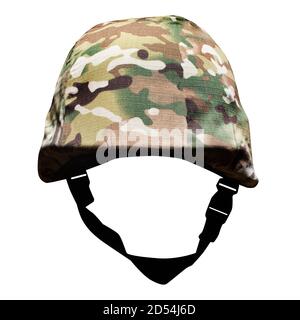 Photo of isolated soldier war camouflaged helmet in cover on white background. Stock Photo