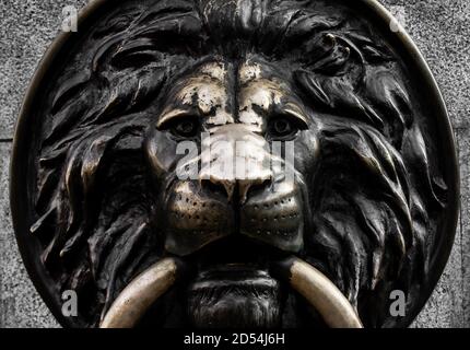 Photo of a metal lion head bas-refief closeup view. Stock Photo