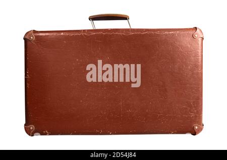Photo of isolated old fashioned suitcase side view on white background. Stock Photo