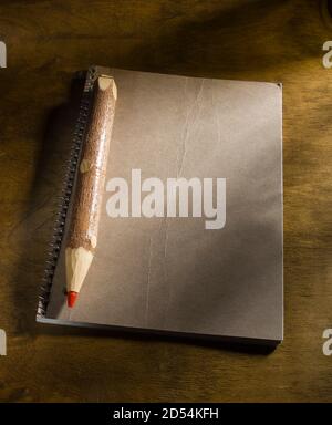 Large wooden pencil with red lead and notepad on the table Stock Photo