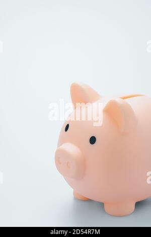 Pink piggy bank isolated on Light blue background. Soft focus Stock Photo