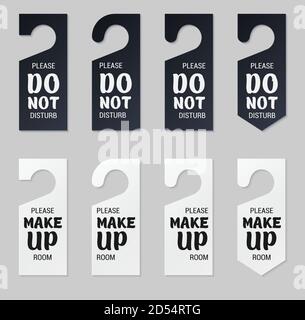 Door hangers for hotel room. Set of white and black label hanger with text for hotel or resort. Template, mockup with text Do not disturb and Make up room. Vector illustration for promotion decoration Stock Vector