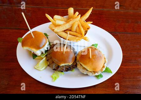 Trio of burgers (Barramundi, crocodile and buffalo) served at the Humpty Doo Tavern, Northern Territory, NT, Australia Stock Photo