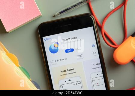 New York, USA - 27 September 2020: Power Lens mobile app logo on phone screen close up, Illustrative Editorial Stock Photo