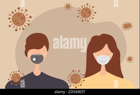 Young male and female character with protective mask, prevention spread coronavirus covid 19 vector illustration Stock Vector