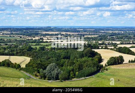 View of the British Countryside from Uffington White Horse and Uffington Castle, Oxfordshire, UK Stock Photo