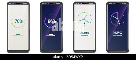 Set of smartphones with clock and progress bar. UI screen of load, upload download or any process. Phone in X sizes. Vector 3D illustration. Stock Vector