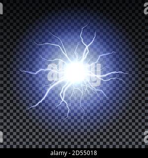 Lightning strikes and sparks, electrical energy on transparent background. Lightning flash and spark. Vector neural cells system Stock Vector