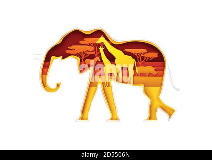 Elephant silhouette with African nature, giraffes family, rhino, zebra inside, vector illustration in paper art style. Stock Vector