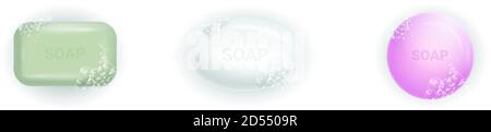 Soap bar with foam and bubbles isolated vector illustration on white background. Soap foam for lather. Vector illustration Stock Vector