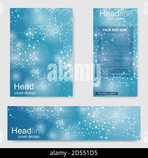 Set flyer, brochure size A4 template,banner. Molecular structure with connected lines and dots. Scientific pattern atom DNA with elements for magazine Stock Vector
