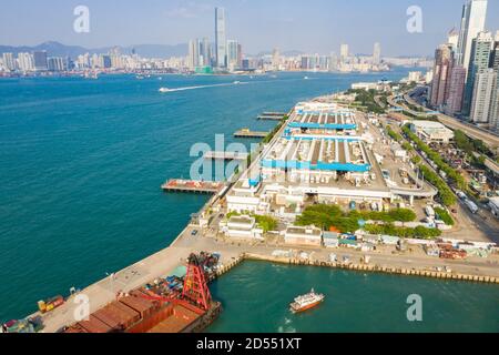 Aerial views overlooking Kennedy Town and the public Pier, on the west side of Hong Kong Island Stock Photo