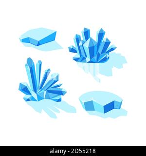Ice crystals and icebergs isolated in white background. Set of druses and separate crystals made of blue mineral. Winter landscape elements. Vector Stock Vector