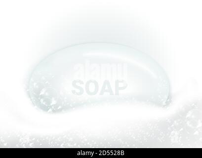 Soap bar with foam and bubbles isolated vector illustration on white background. Soap foam for lather. Vector illustration Stock Vector