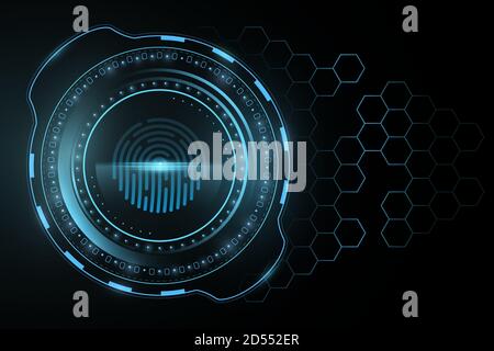 Futuristic fingerprint UI design. Scanning user data. Glowing blue HUD display. Touch screen design. High tech panel with hexagon cyber pattern. Vecto Stock Vector