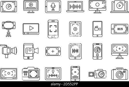 Digital screen recording icons set. Outline set of digital screen recording vector icons for web design isolated on white background Stock Vector