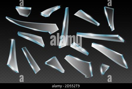 Broken glass shards, splinter of glass, vector realistic clip art on transparent background. Pieces of different shapes and splinters Stock Vector