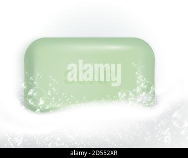 Soap bar with foam and bubbles isolated vector illustration on white background. Soap foam for lather. Vector illustration Stock Vector
