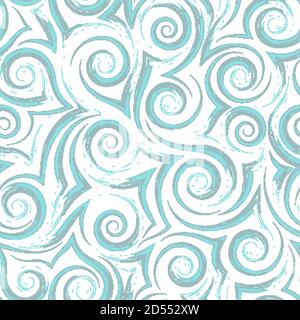 Geometric seamless pattern of flowing blue waves of spirals and curls on a white background.Sea or ocean stylized waves or ripples on the water. Stock Vector