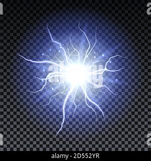 Lightning strikes and sparks, electrical energy on transparent background. Lightning flash and spark. Vector neural cells system Stock Vector