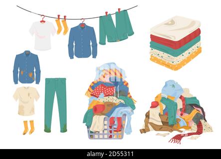 Laundry set, flat vector isolated illustration. Clean and dirty menswear, towels. Laundry basket. Stock Vector