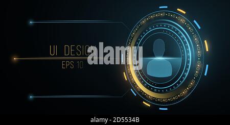 Futuristic UI design. Scanning user data. Glowing yellow and blue HUD display. Digital concept. High tech panel with index lines for your modern desig Stock Vector