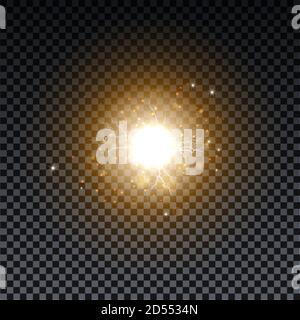 Golden burst with sparkle rays and lens flare effect. Glowing stars. Golden glitter bokeh lights and burst of magical dust particles. Vector illustration Stock Vector