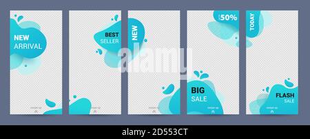 Social media template. Set with blue liquid abstract design for stories, . Social media pack template for discount and special offer.Vector illustration Stock Vector