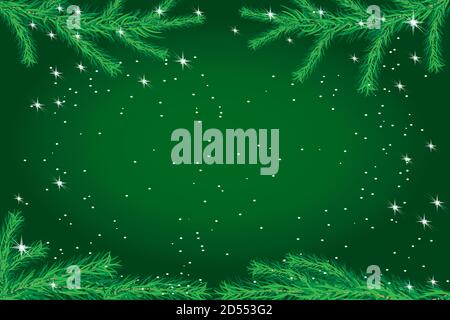 Green christmas background with fir, stars and snowflakes. New year sale, holiday web banner, greeting card with copy space. Stock vector illustration Stock Vector