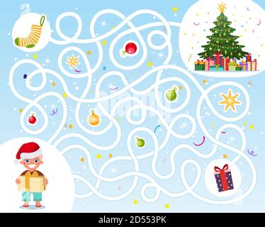 Help the boy find his way to the Christmas gifts. Labyrinth for children. An educational game for a kindergarten. Labyrinth in flat cartoon design, vector Stock Vector