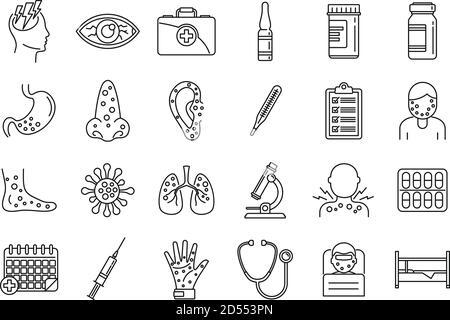 Human measles icons set. Outline set of human measles vector icons for web design isolated on white background Stock Vector