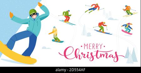 Ski resort poster with people doing winter sports. Stock Vector
